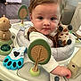 Nicolai joined the competition — help win amazing prizes! baby, infant, toy, activity_center, plush_giraffe, teething_mitten, pacifier, face, hand, clothing, indoor, furniture, curly_hair, flooring, expression, child, play, seat, person, cute