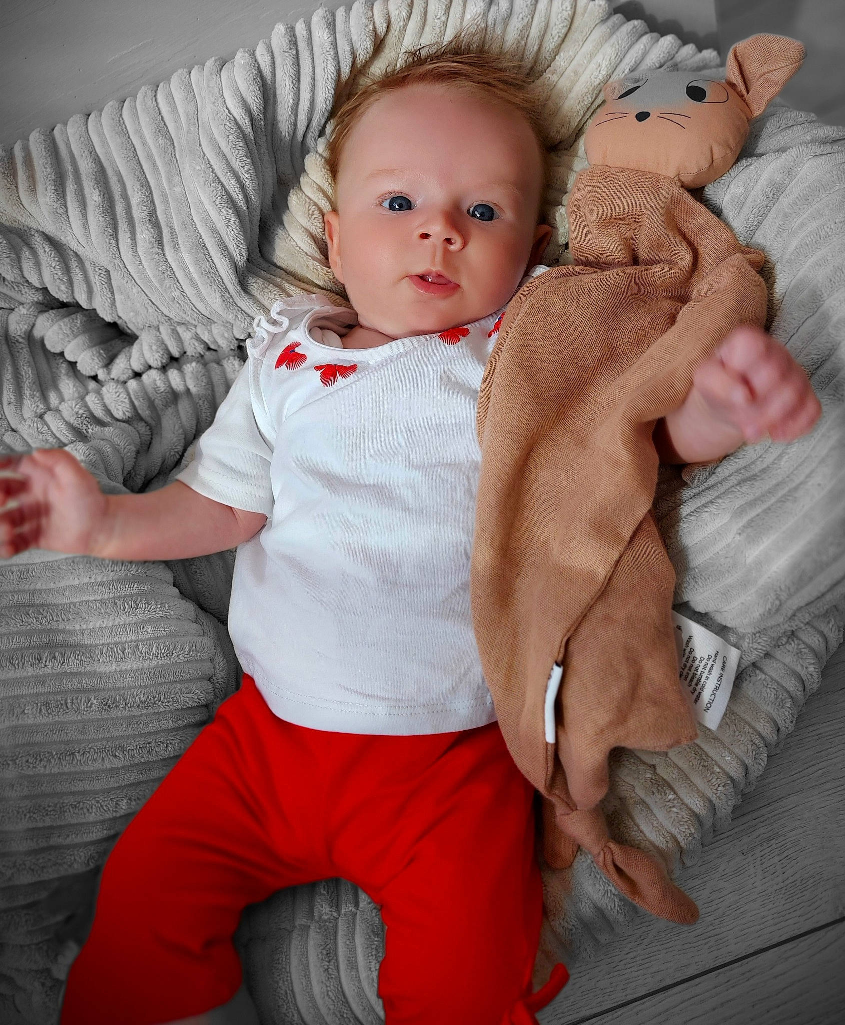 Mathilde participe au concours pour gagner de l'argent avec cette photo : baby, baby_toddler_clothing, comfort, couch, eye, facial_expression, finger, flash_photography, gesture, hairstyle, hand, head, iris, joint, leg, person, shoulder, skin, sleeve, textile