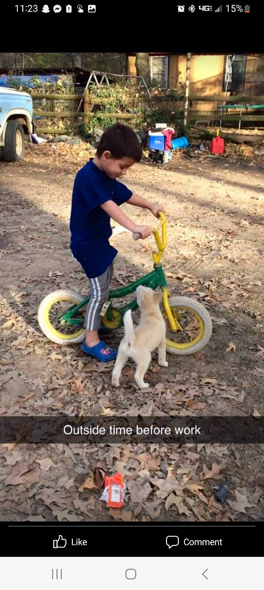 Christopher Jr. is registered to the contest to win money with this photo: asphalt, auto_part, automotive_tire, automotive_wheel_system, child, city, fun, grass, landscape, leisure, outdoor_play_equipment, person, play, recreation, shorts, soil, spoke, tire, toddler, tree