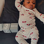 Landyn joined the competition — help win amazing prizes! baby, infant, child, pajamas, train_pattern, socks, pillow, bedspread, milestone_blocks, three_months, blocks, age_marker, lying_down, portrait, indoors, face, head, baby_clothes, cute, relaxing