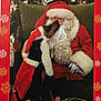 animal, beard, celebration, chair, christmas, costume, decorations, dog, festive, fur, holiday, kiss, pet, portrait, red_clothing, santa_claus, smiling, snowflake, tree, warm_lighting