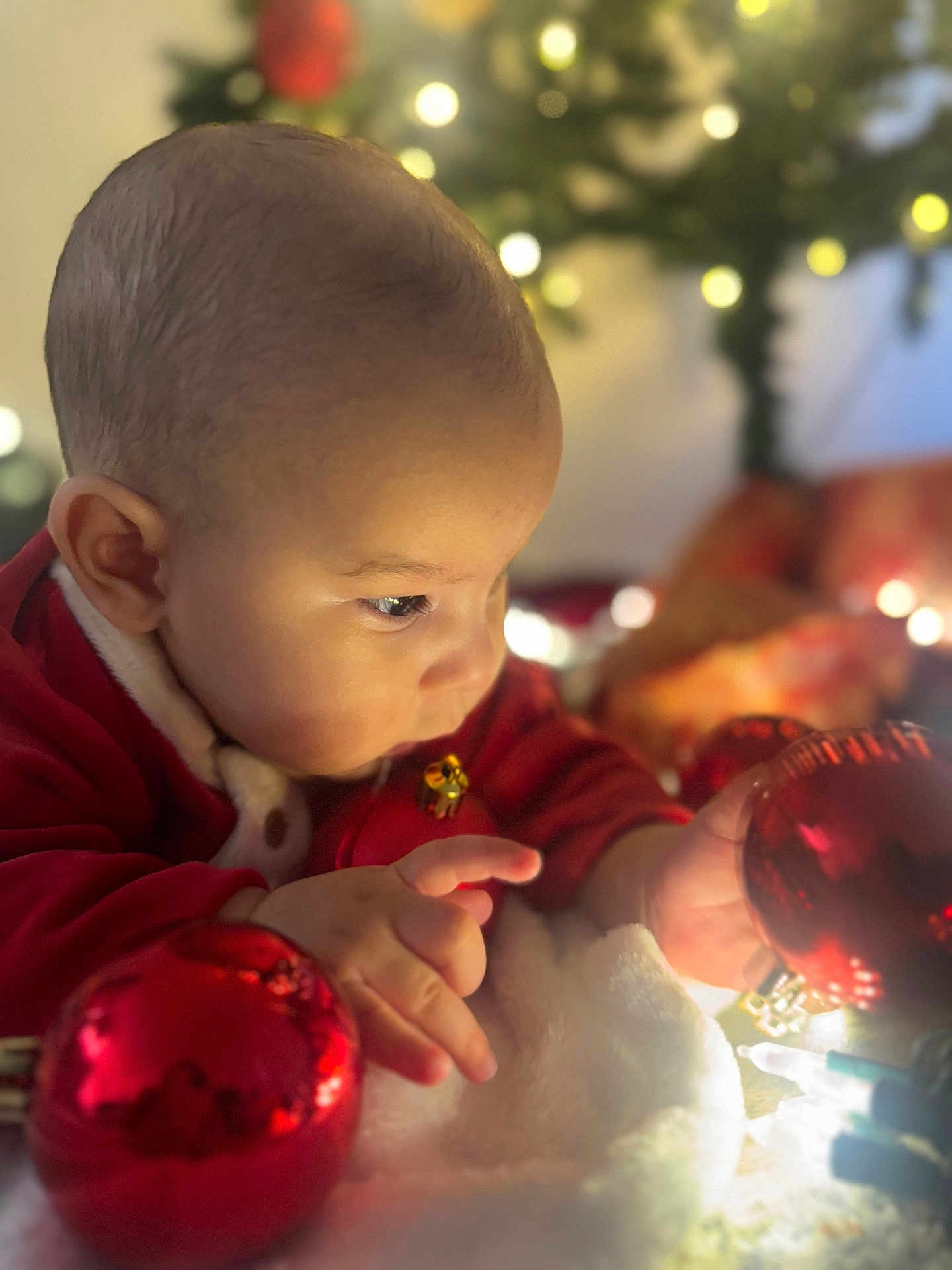 Luis is registered to the contest to win money with this photo: baby, child, christmas_ornaments, red_clothing, holiday_lights, decorations, festive, closeup, face, hands, curious, indoor, soft_light, blurred_background, celebration, winter, warm, cozy, infant, portrait