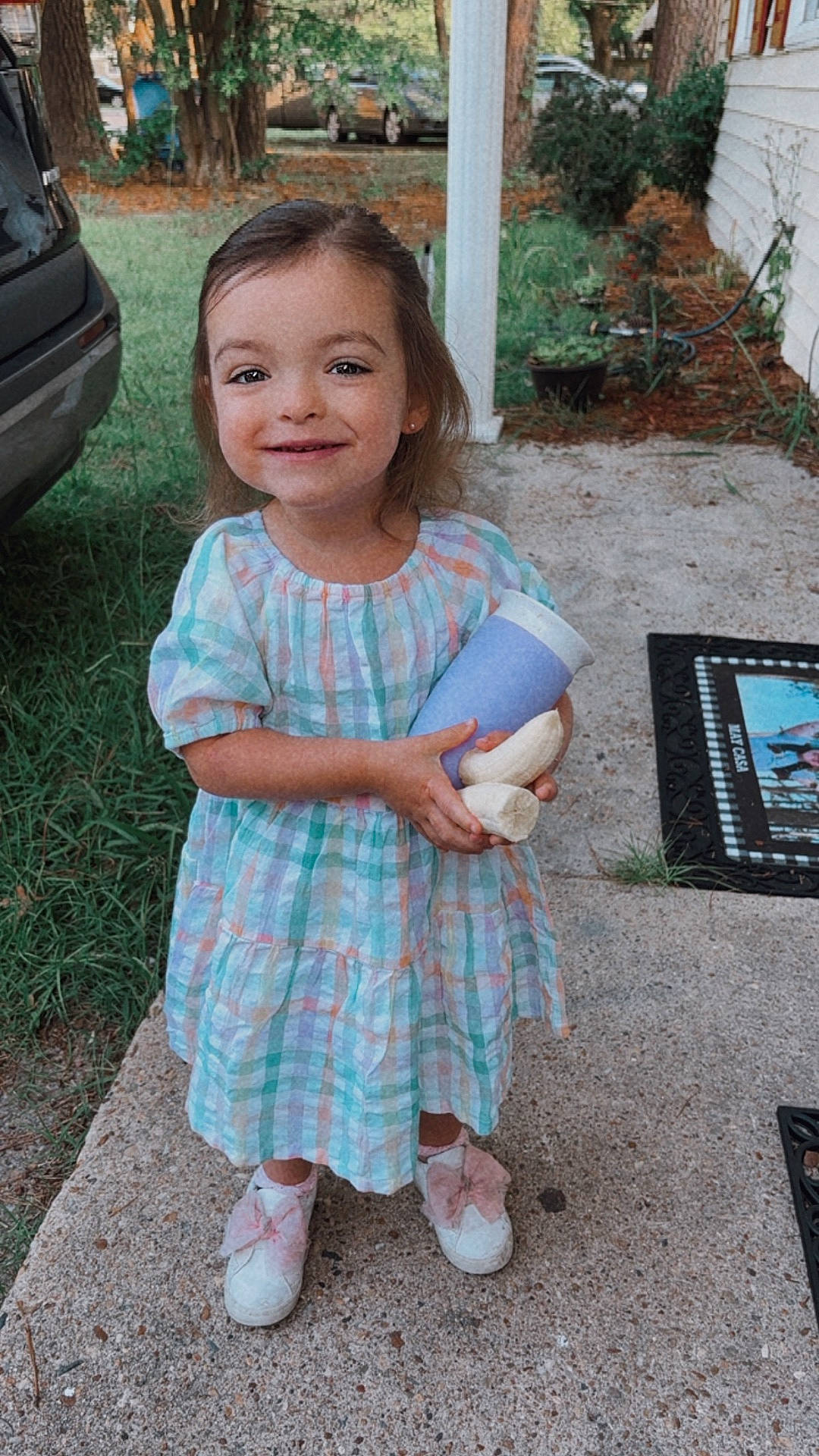 Lakelynn joined the competition — help win amazing prizes! backyard, child, clothing, dress, face, female, footwear, girl, grass, head, nature, outdoors, person, photography, plant, portrait, pottedplant, shoe, soil, yard