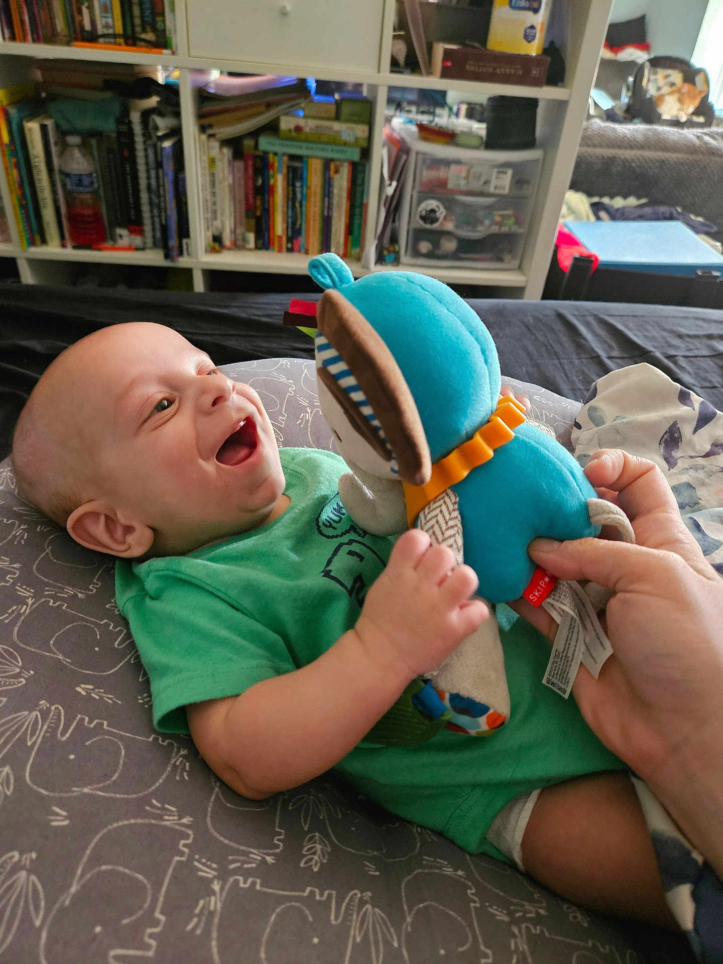Ian joined the competition — help win amazing prizes! baby, infant, smiling, toy, plush_toy, hand, green_shirt, pillow, bedroom, bookshelf, books, furniture, indoor, person, happy, child, cuddly, playful, home, relaxing