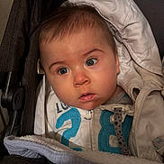 Kaïs participe au concours pour gagner de l'argent avec cette photo : baby, blanket, child, closeup, clothing, cozy, curious, cute, expression, eyes, face, hood, indoor, infant, jacket, person, portrait, stroller, warm, young_child