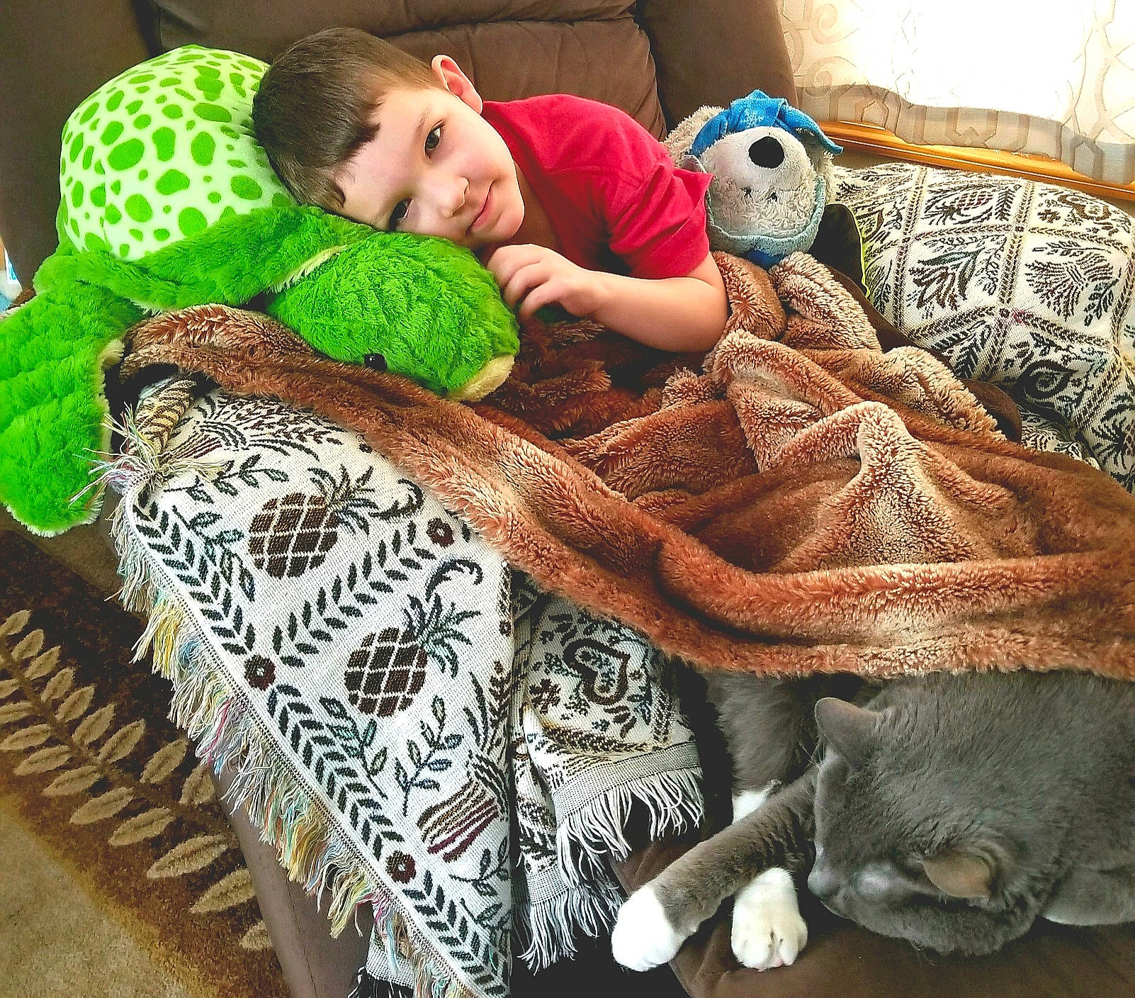 Bucky Boy joined the competition — help win amazing prizes! bedding, blanket, canidae, child, comfort, couch, fur, furniture, linens, nap, play, plush, puppy, quilt, sleep, stuffed_toy, textile, toddler, tortoise, toy