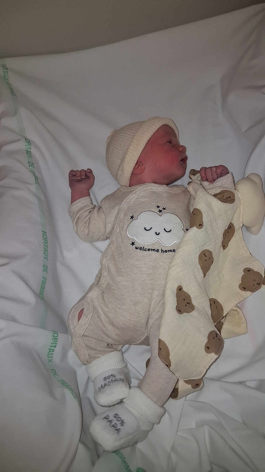 Léon participe au concours pour gagner de l'argent avec cette photo : newborn, baby, infant, hospital, blanket, pajamas, hat, socks, soft_toy, bear_pattern, sleeping, bed, cute, child, clothing, lying_down, person, newborn_baby, hospital_bed, cozy