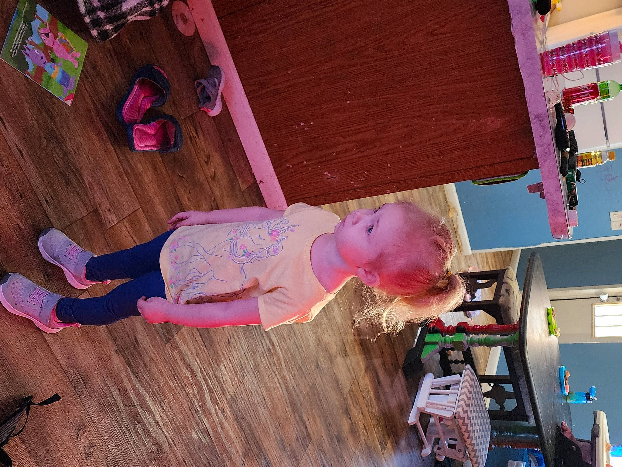 Addison joined the competition — help win amazing prizes! baby, child, flooring, fun, hardwood, human_leg, leisure, magenta, person, pink, play, product, purple, room, thigh, toddler, toy, varnish, wood, wood_flooring