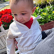 Tymeir joined the competition — help win amazing prizes! toddler, child, baby, outdoor, flowers, red_flowers, yellow_flowers, greenery, sunlight, white_outfit, zipper, person, cute, portrait, nature, garden, hand, face, head, casual_clothing