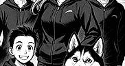 Guts participe au concours pour gagner de l'argent avec cette photo : anime_style, artwork, black_and_white, characters, comic_art, dog, drawing, glasses, group, happy, hoodie, husky, illustration, line_art, manga, people, portrait, posing, smile, stylized