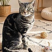 Booba a rejoint le concours — aidez-le/la à gagner de superbes lots ! cat, tabby_cat, indoor, rug, toy_mouse, woven_ball, plant, basket, pet_bed, living_room, furniture, floor, cozy, whiskers, tail, sitting, eyes, fur, domestic_cat, home