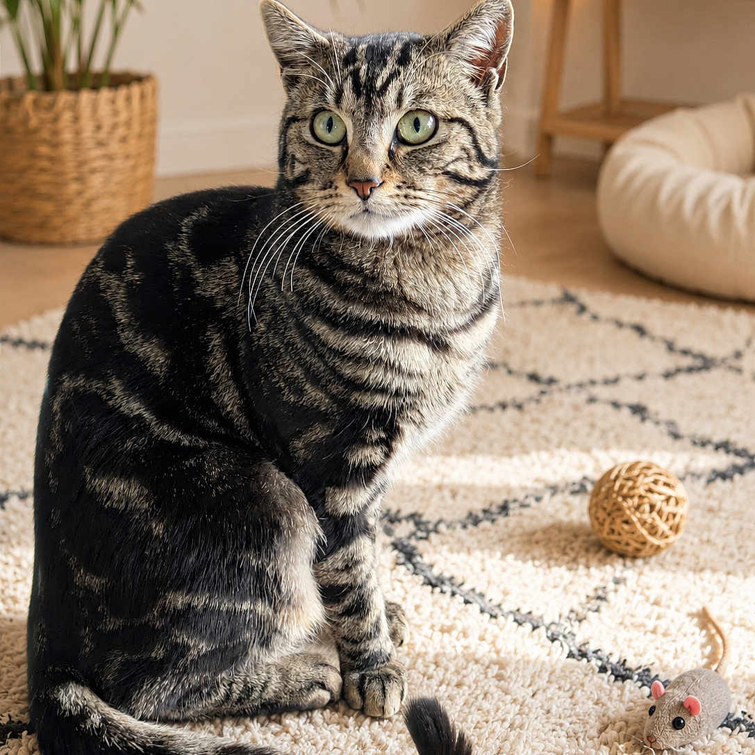 Booba a rejoint le concours — aidez-le/la à gagner de superbes lots ! cat, tabby_cat, indoor, rug, toy_mouse, woven_ball, plant, basket, pet_bed, living_room, furniture, floor, cozy, whiskers, tail, sitting, eyes, fur, domestic_cat, home