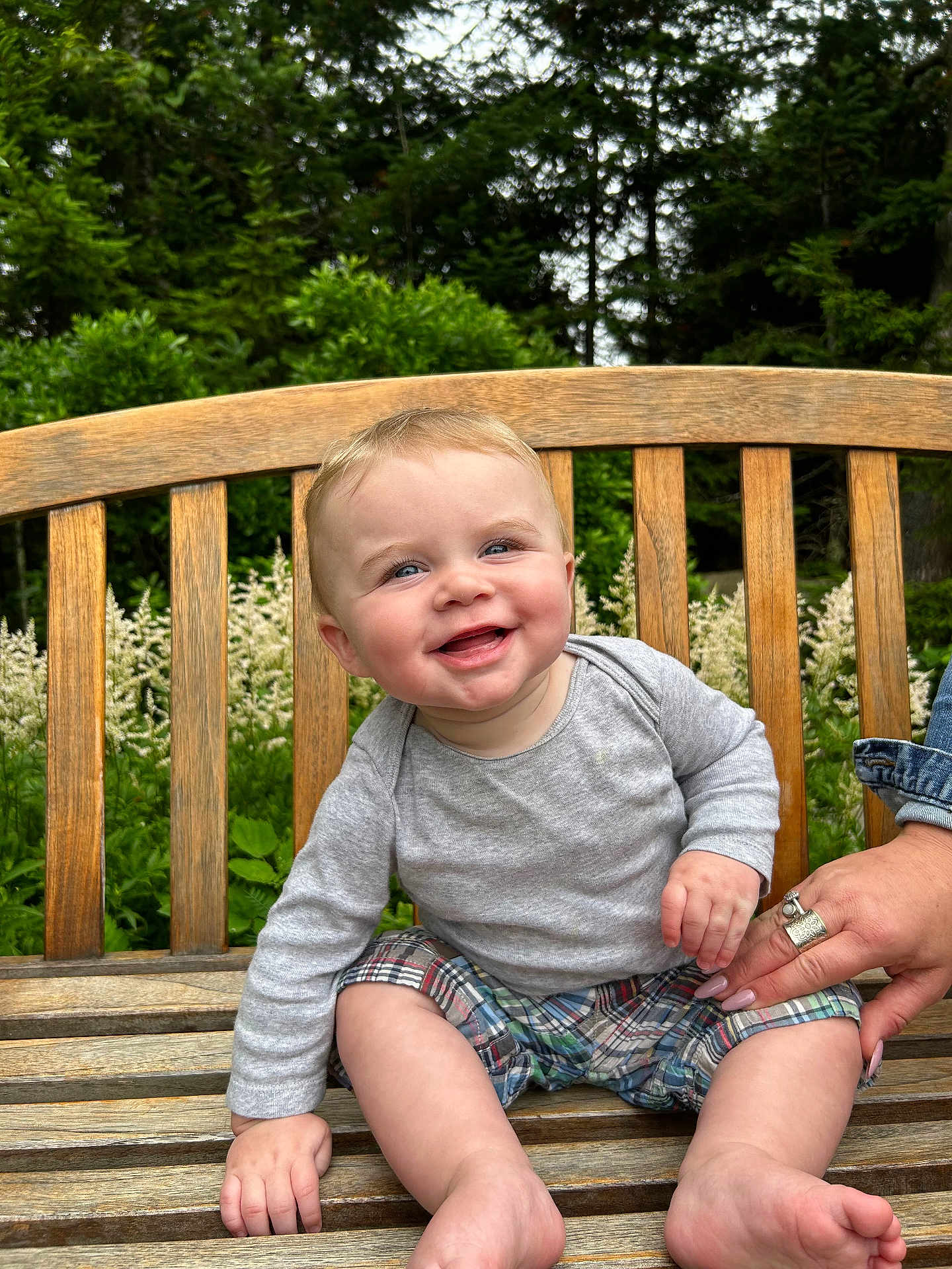 Oliver joined the competition — help win amazing prizes! baby, child, smiling, sitting, bench, outdoor, nature, greenery, flowers, wood, person, hand, clothing, plaid, long_sleeve, happy, cute, skin, face, portrait