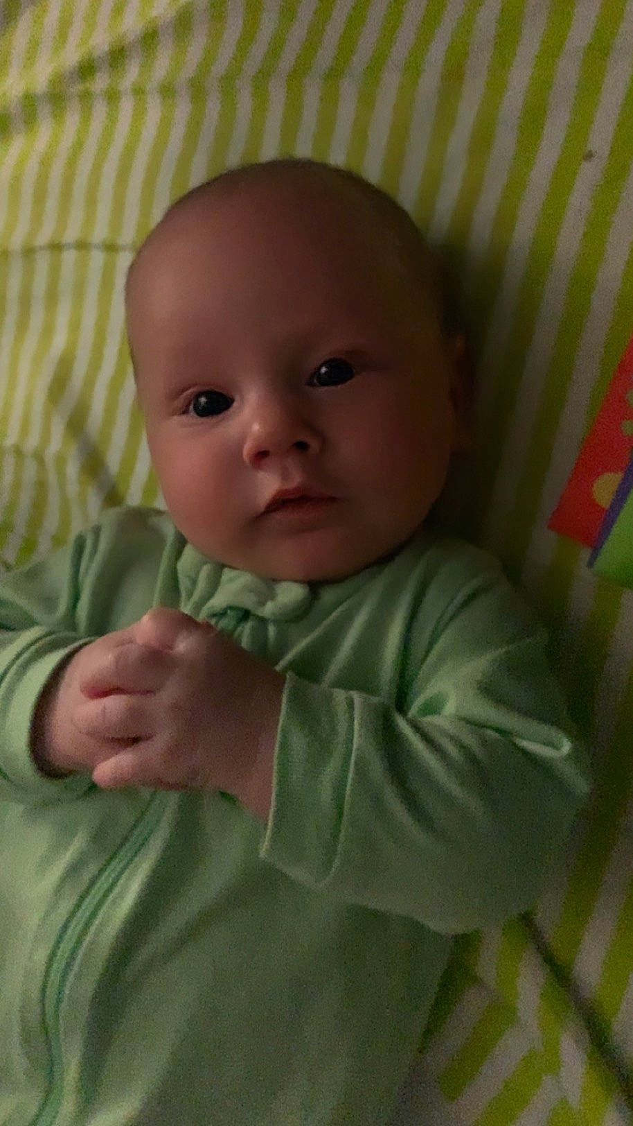 Kamryn is registered to the contest to win money with this photo: baby, baby_toddler_clothing, cheek, child, chin, comfort, eye, eyebrow, gesture, head, iris, linens, lip, mouth, nose, person, room, skin, sleeve, thumb