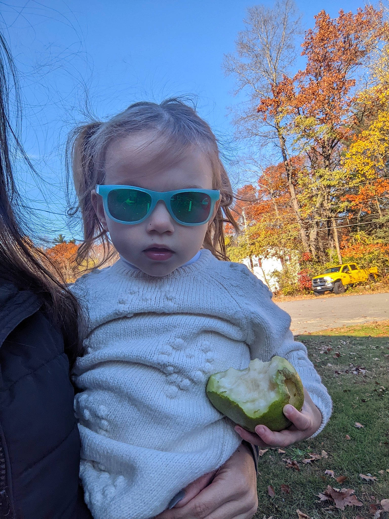 Lillian joined the competition — help win amazing prizes! baby, baby_toddler_clothing, child, eyewear, food, fruit, fun, glasses, goggles, grass, happy, leaf, people_in_nature, person, personal_protective_equipment, plant, sky, sunglasses, toddler, tree