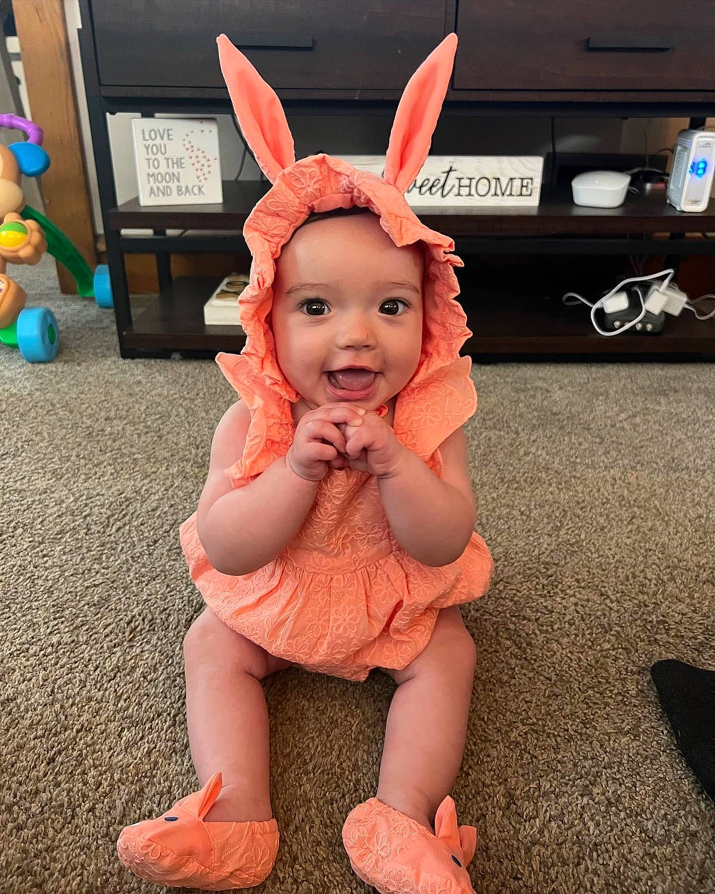 Isla joined the competition — help win amazing prizes! ear, event, eye, face, fawn, flooring, foot, fun, fur, happy, head, headwear, human_body, mouth, nose, person, pink, rabbits_and_hares, skin, thumb