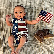 Briar joined the competition — help win amazing prizes! american_flag, baby, blanket, clothing, cute, face, flag, foot, footwear, hand, indoor, infant, lying_down, patriotic, person, romper, shoes, skin, smile, texture