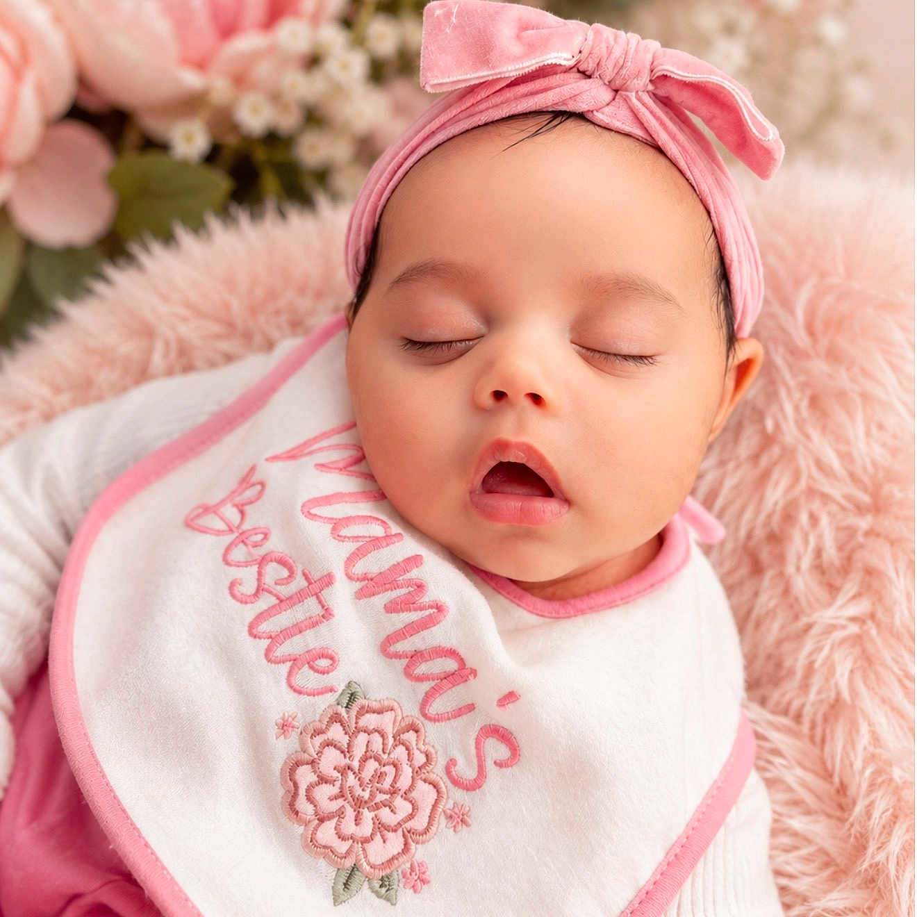 Genesis joined the competition — help win amazing prizes! baby, sleeping, headband, pink, bib, flower, fluffy, cushion, closeup, infant, child, cute, soft, portrait, peaceful, resting, indoors, apparel, person, adorable