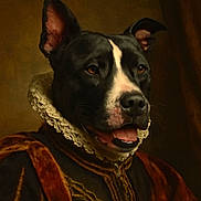 Stark a rejoint le concours — aidez-le/la à gagner de superbes lots ! dog, portrait, costume, vintage, royal, lace_collar, black_and_white, pet, animal, indoors, fancy, clothing, expression, canine, fur, ears, nostrils, mouth, tongue, brown_eyes