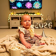Nevaeh is registered to the contest to win money with this photo: baby, infant, blanket, floor, carpet, mug, marshmallows, party_hat, balloons, 2026, fireworks, television, celebration, new_year, holiday, indoors, cozy, decorations, smiling, child