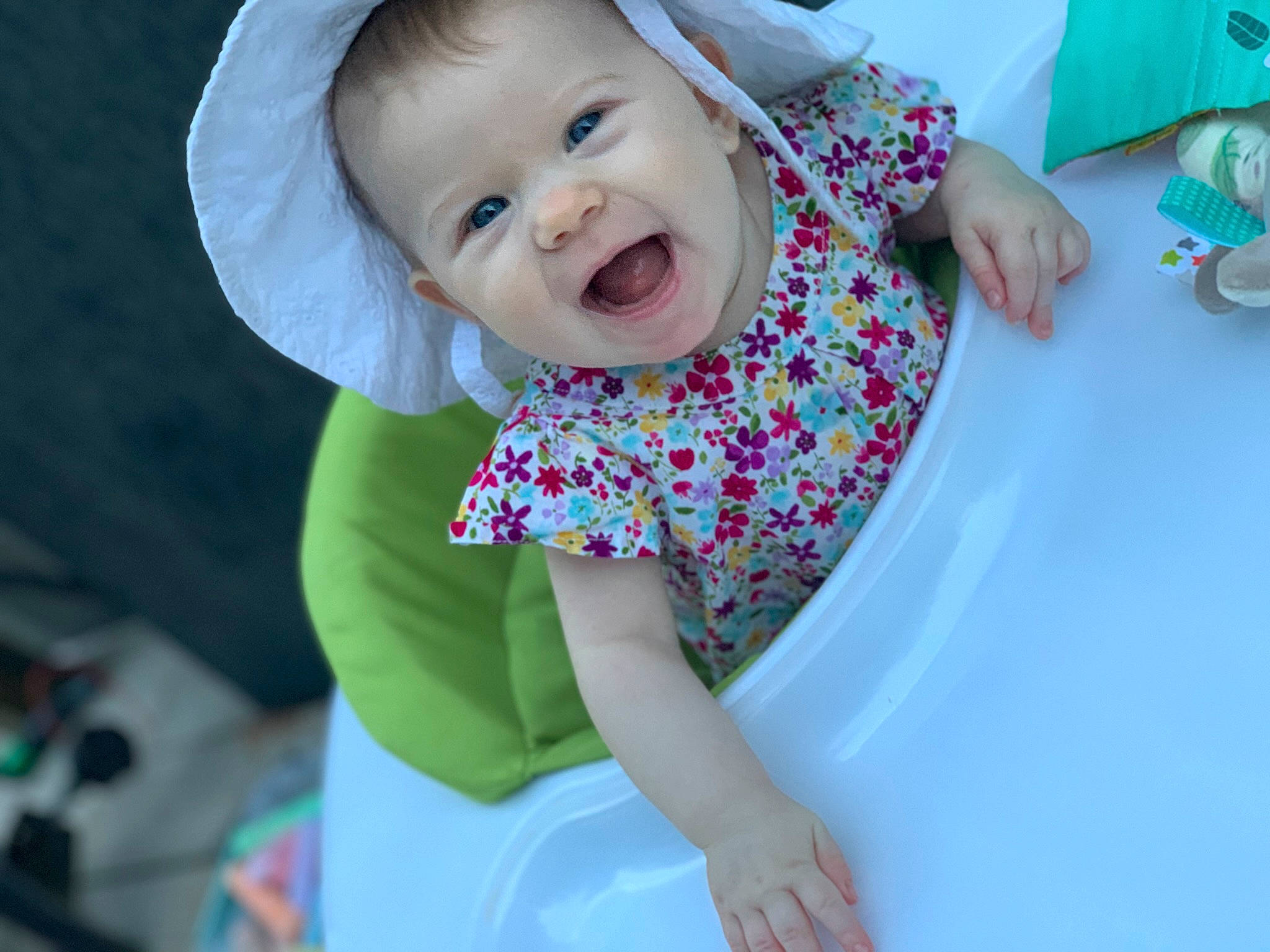 Allie joined the competition — help win amazing prizes! baby, baby_laughing, baby_toddler_clothing, blue, cheek, child, comfort, fashion_accessory, fun, happy, laugh, leisure, mouth, pattern, person, pink, skin, sleeve, smile, t_shirt