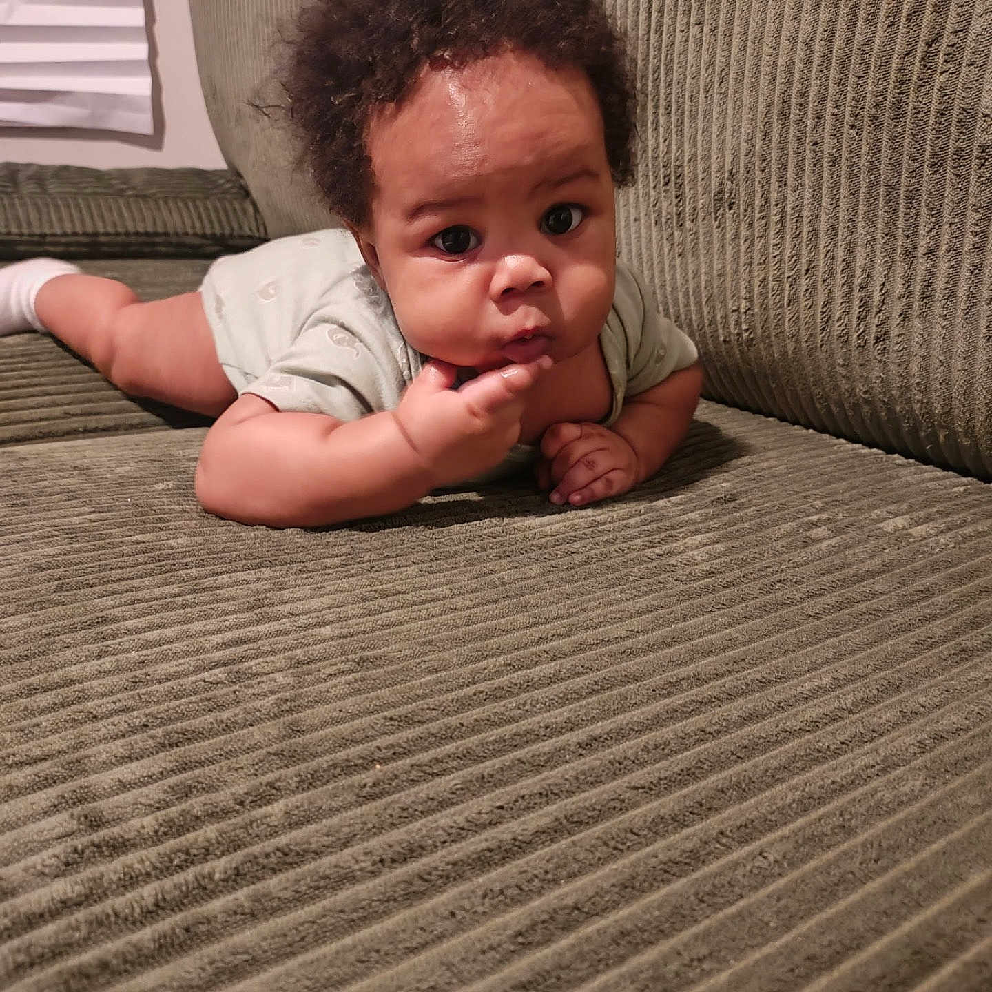 Dehlani is registered to the contest to win money with this photo: baby, bodypart, clothing, couch, cushion, face, finger, furniture, hand, happy, head, homedecor, indoors, newborn, person, photography, portrait, sitting, smile, t_shirt