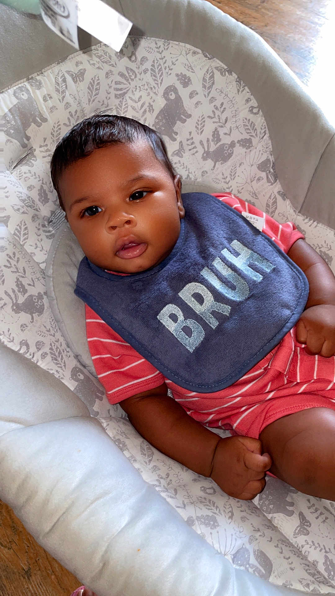 Adonis is registered to the contest to win money with this photo: baby, infant, bib, red_clothing, striped_clothing, seat, cushion, animal_pattern, face, hand, wooden_floor, indoor, curious_expression, child, cute, comfortable, soft_fabric, casual, portrait, young_child
