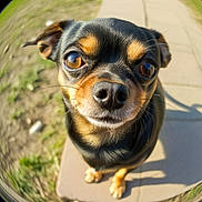 Nino a rejoint le concours — aidez-le/la à gagner de superbes lots ! dog, small_dog, close_up, fisheye_lens, outdoor, sidewalk, grass, curious, brown_eyes, black_fur, tan_fur, nose, whiskers, sunlight, shadow, pet, animal, portrait, cute, distorted_perspective
