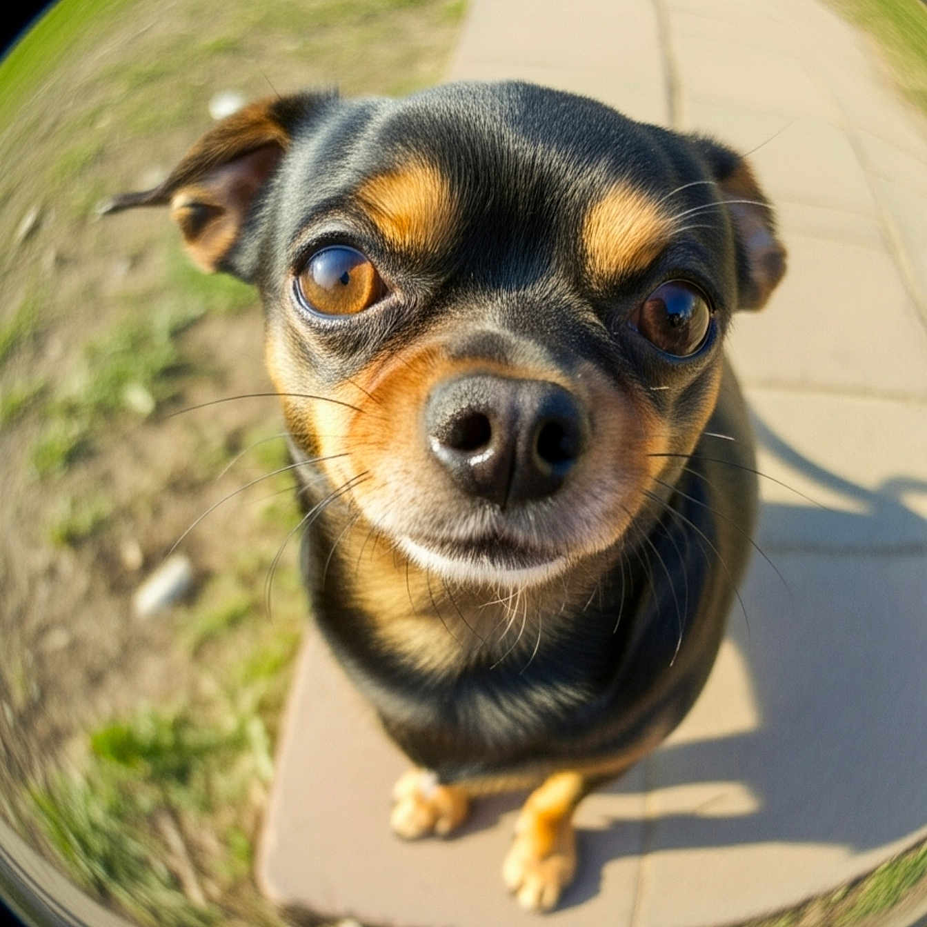 Nino a rejoint le concours — aidez-le/la à gagner de superbes lots ! dog, small_dog, close_up, fisheye_lens, outdoor, sidewalk, grass, curious, brown_eyes, black_fur, tan_fur, nose, whiskers, sunlight, shadow, pet, animal, portrait, cute, distorted_perspective