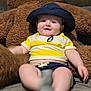 baby, child, hat, yellow_shirt, blue_shorts, teddy_bear, plush_toy, indoor, smile, cute, infant, sitting, soft_toy, cozy, portrait, person, face, happy, clothing, relaxing