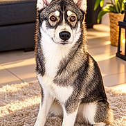 Bounty a rejoint le concours — aidez-le/la à gagner de superbes lots ! dog, husky, siberian_husky, canine, pet, animal, portrait, sitting, indoors, living_room, rug, sofa, plant, lantern, sunlight, fluffy, fur, blue_eyed, alert, home_decor