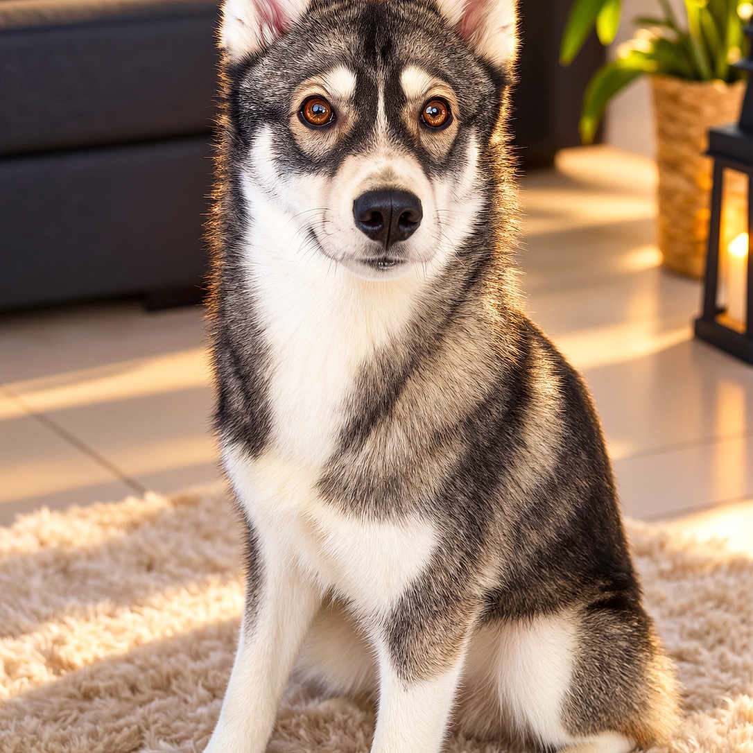 Bounty a rejoint le concours — aidez-le/la à gagner de superbes lots ! dog, husky, siberian_husky, canine, pet, animal, portrait, sitting, indoors, living_room, rug, sofa, plant, lantern, sunlight, fluffy, fur, blue_eyed, alert, home_decor