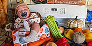 Ian is registered to the contest to win money with this photo: baby, sleeping, pacifier, hat, kitchen, stove, vegetables, carrot, celery, pepper, onion, tomato, pumpkin, autumn, harvest, blanket, sign, decor, food, cozy