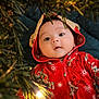 baby, child, christmas_lights, christmas_tree, cozy, curious, cute, face, festive, holiday, hoodie, indoors, infant, pine_branches, portrait, red_clothing, seasonal, smiling, soft_focus, warm_lighting