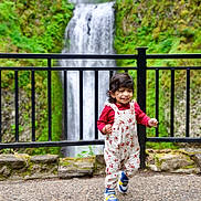 Nidhira Avirneni joined the competition — help win amazing prizes! black_rail, child, curly_hair, daylight, floral_overalls, greenery, happy, moss, motion, nature, outdoor, person, rocks, scenic, smiling, sneakers, stone_path, toddler, walking, waterfall
