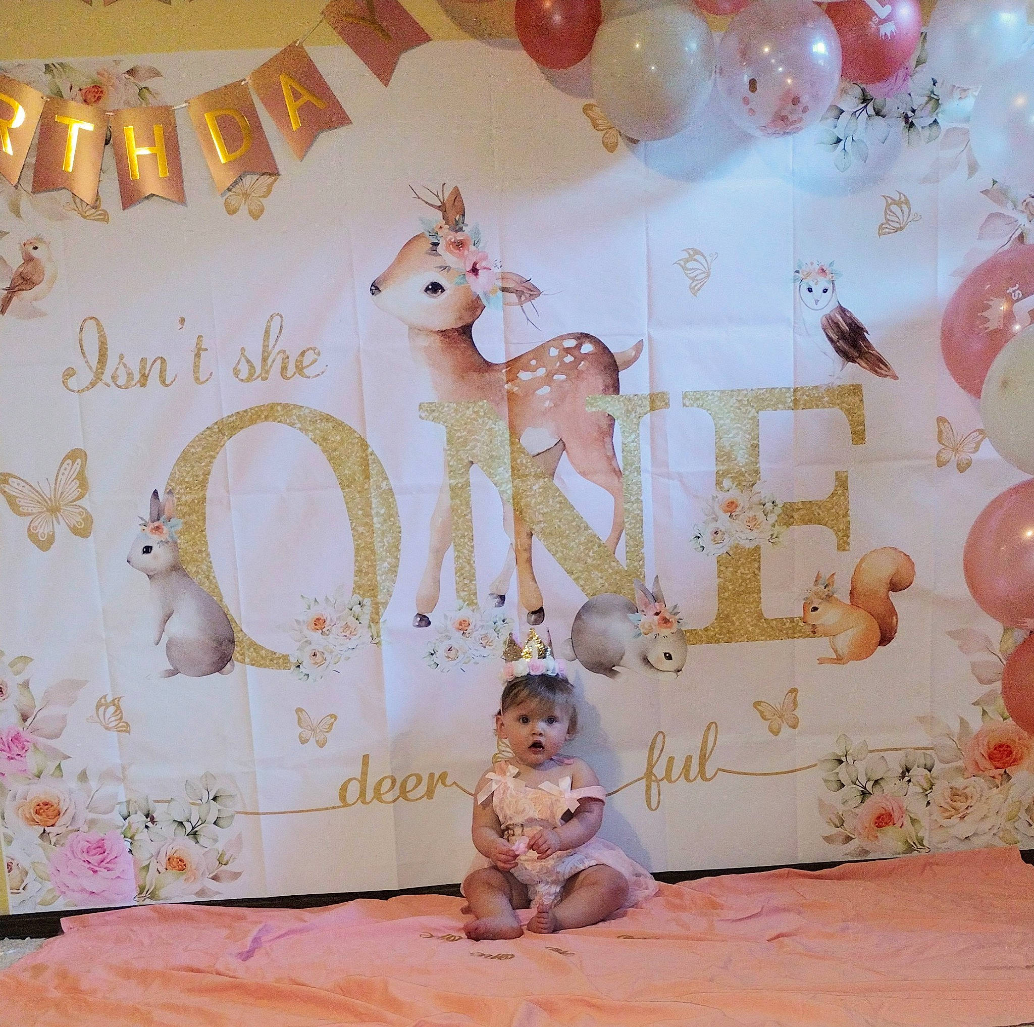 Kinsley is registered to the contest to win money with this photo: art, baby, decoration, deer, event, fawn, font, fun, happy, interior_design, magenta, ornament, pattern, peach, person, photograph, pink, room, surprise, toddler