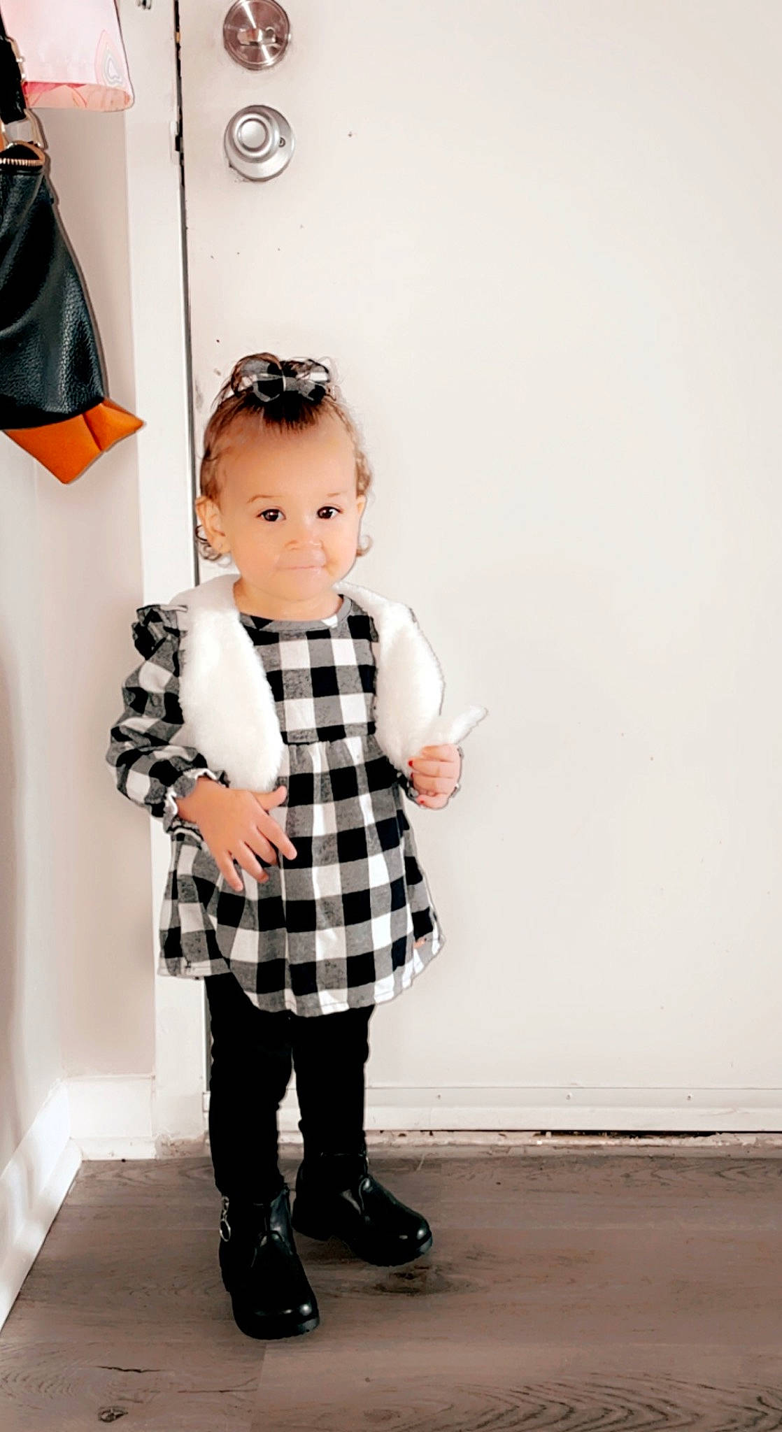 Izabella joined the competition — help win amazing prizes! baby, child, collar, costume, doll, fashion_design, formal_wear, fur, knee, leg, pattern, person, plaid, sleeve, sock, stuffed_toy, tartan, thigh, toy, uniform