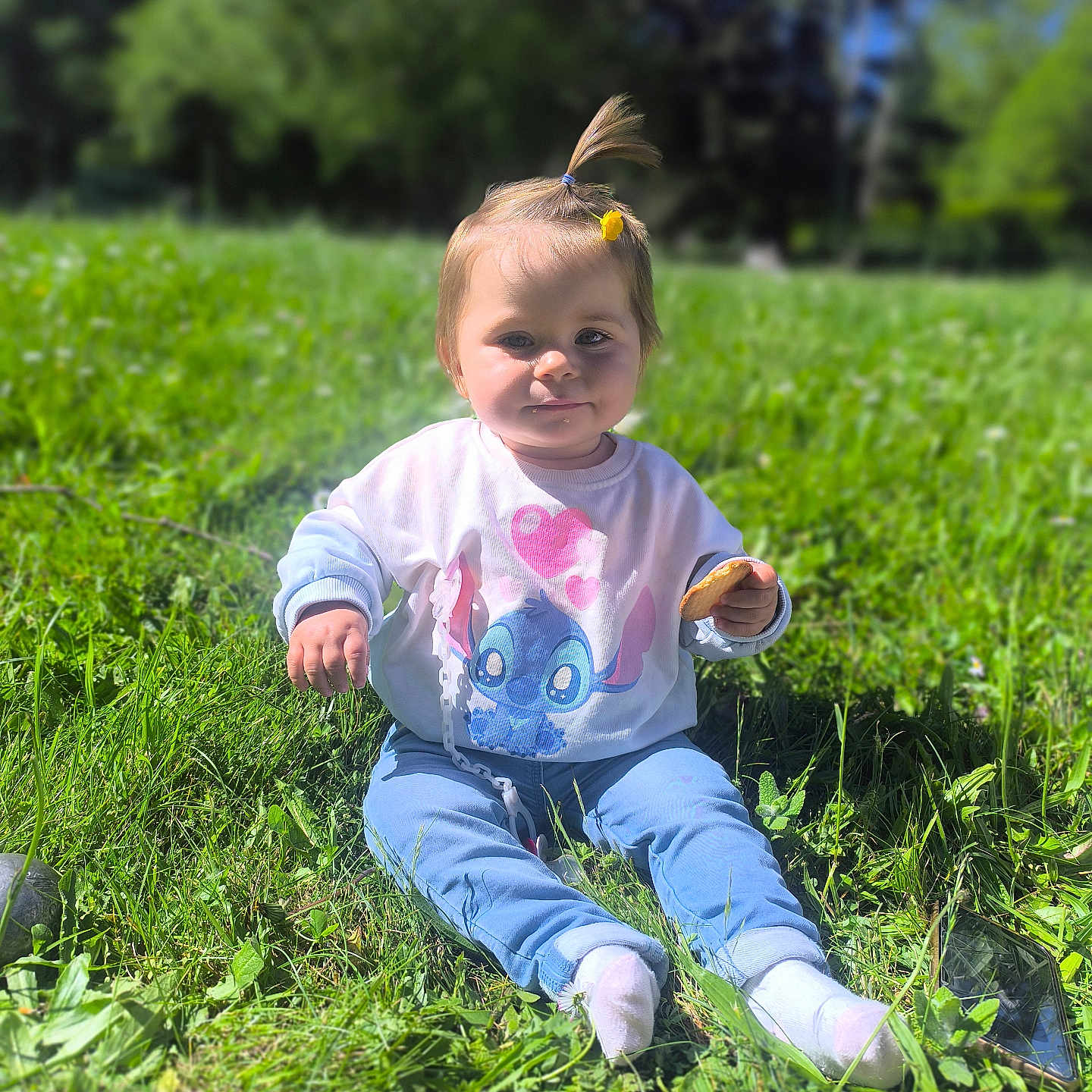 Luna a rejoint le concours — aidez-le/la à gagner de superbes lots ! blue_sky, casual_clothing, child, cookie, cute, daylight, flower, grass, greenery, hair_tie, happy, nature, outdoor, person, playful, sitting, smiling, sunlight, sweatshirt, toddler