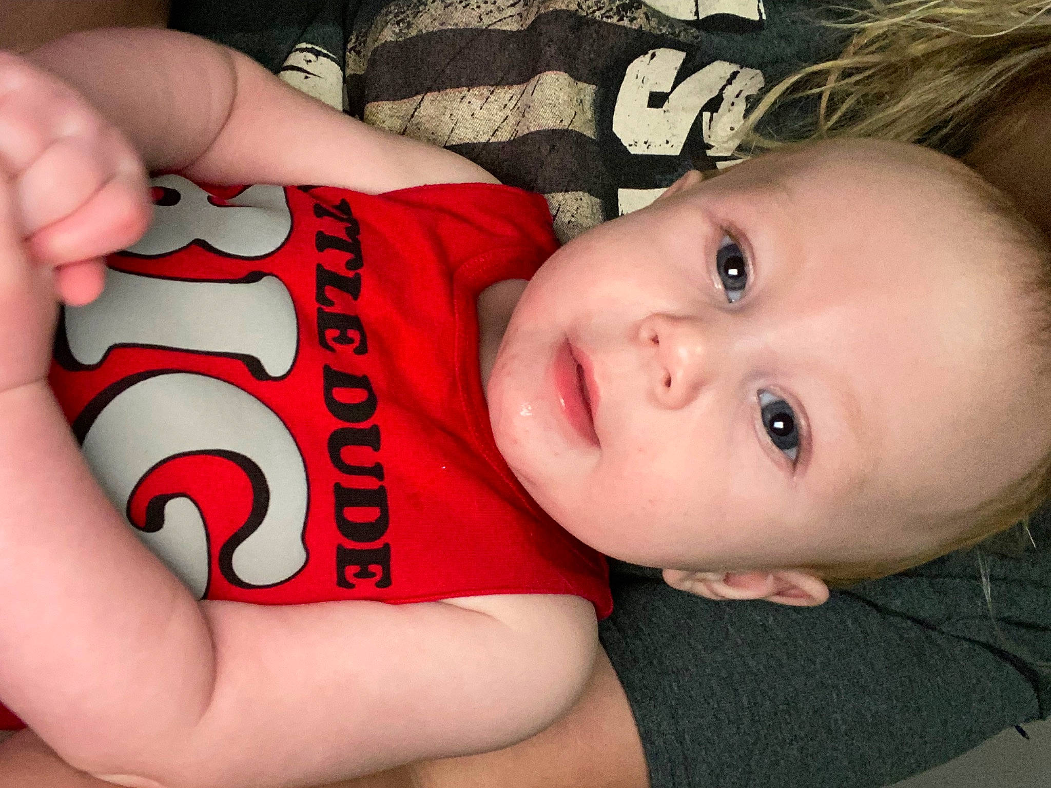 Kaysen is registered to the contest to win money with this photo: baby, baby_toddler_clothing, cheek, elbow, eye, eyelash, finger, gesture, human_body, iris, lip, mouth, nail, nose, person, skin, sleeve, thigh, thumb, toddler