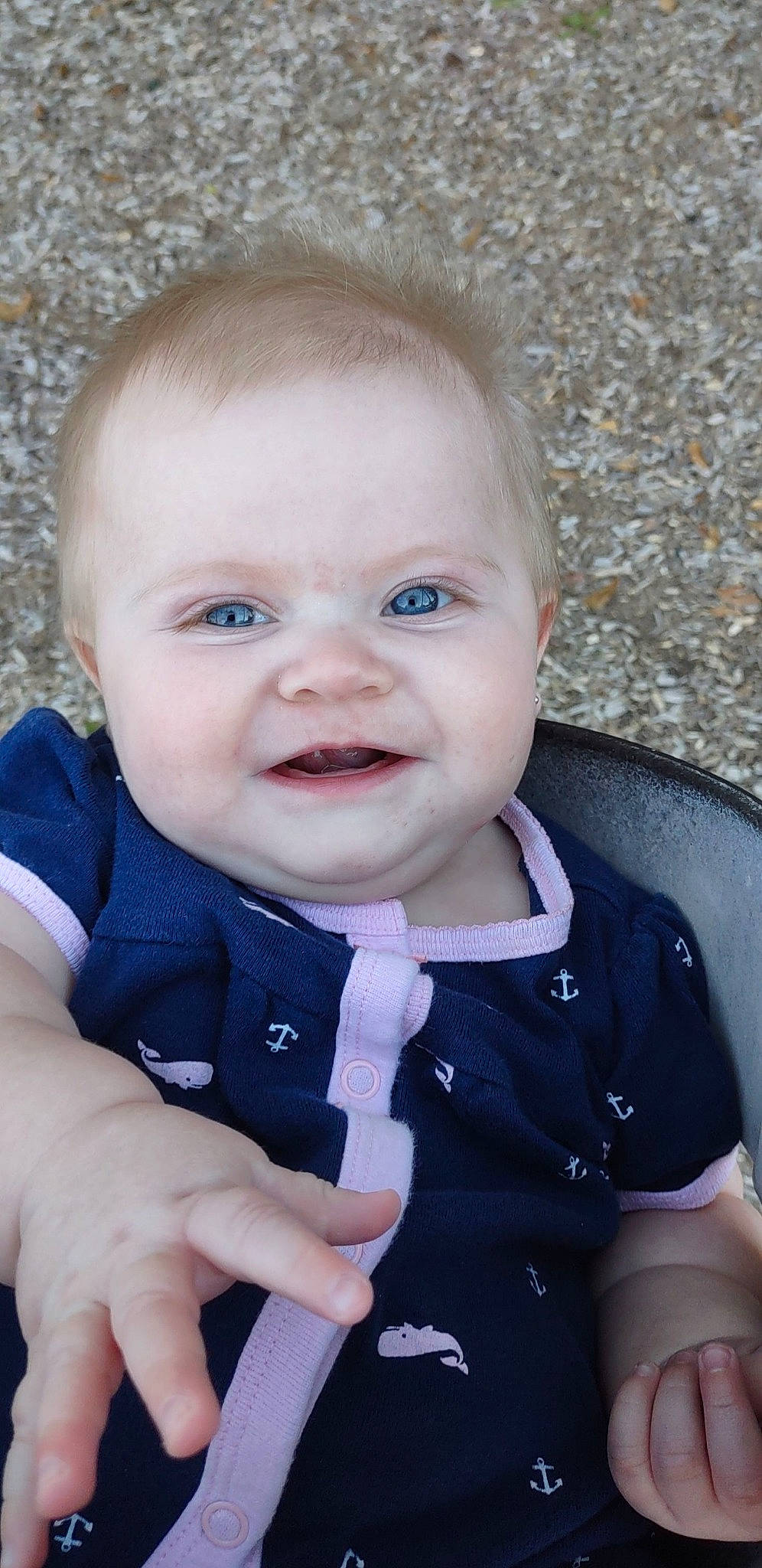 Alyvia joined the competition — help win amazing prizes! baby, baby_toddler_clothing, cheek, child, chin, eye, eyebrow, face, facial_expression, finger, gesture, grass, happy, iris, lip, nose, person, skin, sleeve, smile