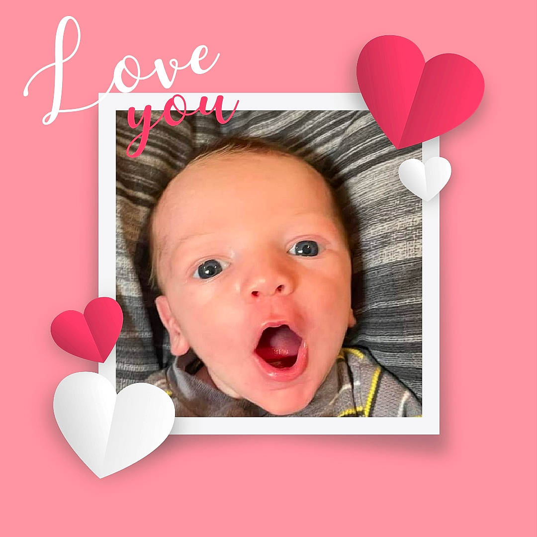 Josiah is registered to the contest to win money with this photo: art, baby, baby_toddler_clothing, balloon, cheek, ear, eyelash, facial_expression, font, gesture, happy, magenta, material_property, organ, person, picture_frame, pink, product, rectangle, surprise