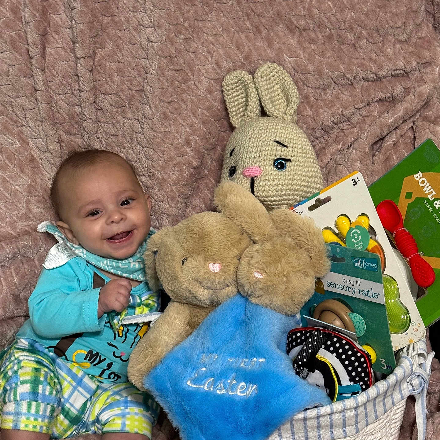 Robre joined the competition — help win amazing prizes! baby, basket, bed, blanket, couch, cushion, face, furniture, happy, head, homedecor, laughing, person, photography, plush, portrait, quilt, sitting, teddybear, toy