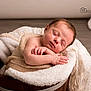 newborn, baby, sleeping, wooden_bucket, blanket, knit, lace, soft_fabric, infant, peaceful, wrapped, cute, portrait, indoors, cozy, resting, child, skin, head, hands