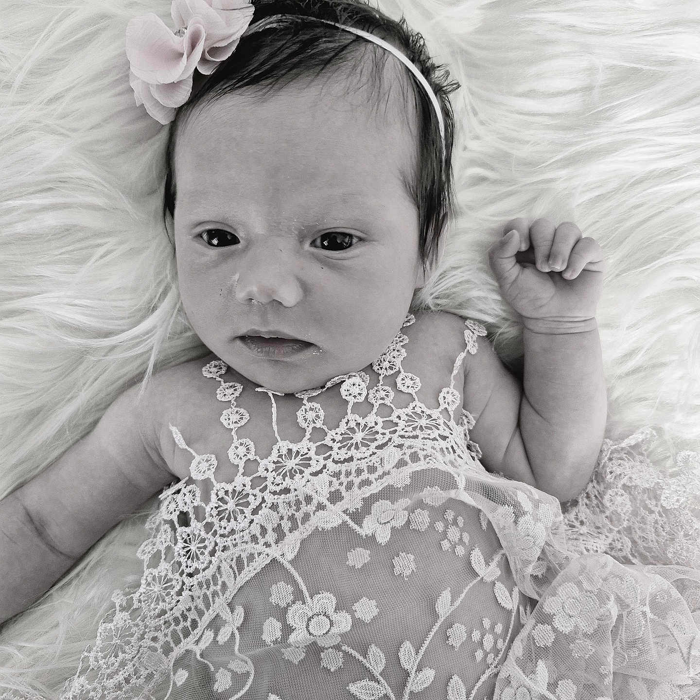 Lacey is registered to the contest to win money with this photo: baby, baby_girl, black_and_white, closeup, clothing, cute, delicate, face, flower_headband, fluffy, hand, infant, lace, lying_down, newborn, peaceful, portrait, skin, sleepy, soft_texture