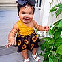toddler, child, smiling, yellow_top, sunflower_dress, headband, bow, outdoor, porch, plants, greenery, white_sandals, happy, cute, baby, feet, jewelry, bracelet, necklace, summer