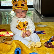 Denver a rejoint le concours — aidez-le/la à gagner de superbes lots ! baby, blanket, child, clothing, couch, cute, doll, floor, footwear, hat, indoor, infant, person, playful, reflection, sitting, smiling, toy, window, yellow