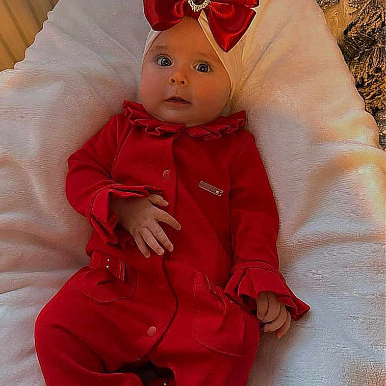 Renesmee is registered to the contest to win money with this photo: baby, bow, child, comfortable, cozy, cushion, cute, expression, festive, hand, headwear, indoors, infant, person, portrait, red_clothing, seat, soft_texture, white_blanket, wide_eyes