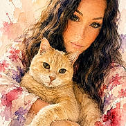 Tigrou a rejoint le concours — aidez-le/la à gagner de superbes lots ! woman, cat, portrait, watercolor, artistic, painting, animal, pet, long_hair, ginger_cat, face, expression, holding, close_up, colorful, background, female, fur, eyes, hands