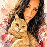 woman, cat, portrait, watercolor, artistic, painting, animal, pet, long_hair, ginger_cat, face, expression, holding, close_up, colorful, background, female, fur, eyes, hands