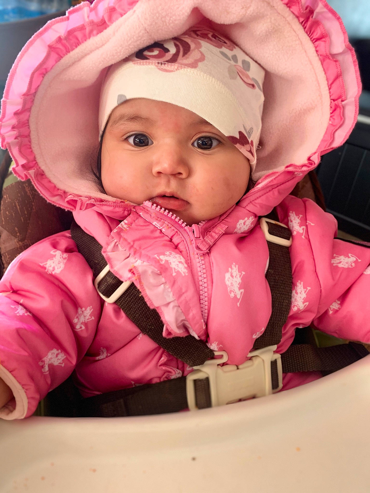 Marissa joined the competition — help win amazing prizes! baby, baby_products, baby_toddler_clothing, cap, cheek, comfort, eyelash, fashion_accessory, fun, happy, headgear, headwear, hood, jacket, knit_cap, magenta, nose, person, pink, skin